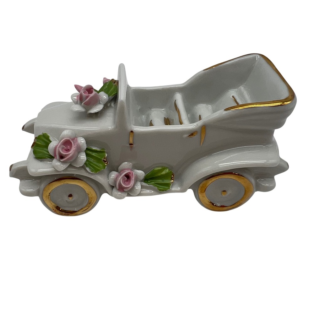 Nuova Capodimonte Porcelain VTG Car Figurine White Pink Gold Rose Italy 4.5in